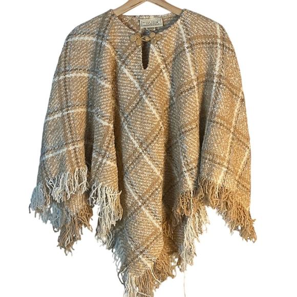 Boyne Valley Weavers Irish Vtg Wool & Alpaca Knit Plaid Poncho Cape Tan/White OS - Picture 1 of 11